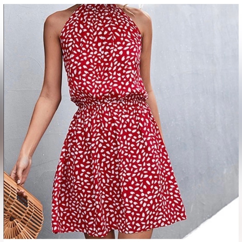 Halter Neck Sleeveless Mini Red Dress Key Hole Closure Ditsy Summer Feminine Md
